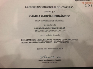 Camila García Hernández ganadora del 1er lugar en el área de Ciencias de la Salud del Concurso Nacional Otto de Greiff 2019